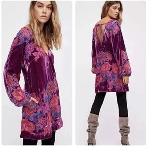 Free People Floral Velvet Mini Dress - Pink and Orange